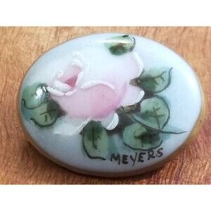 Vintage Victorian Style Signed Meyers Hand Painted Pink Rose Oval Brooch